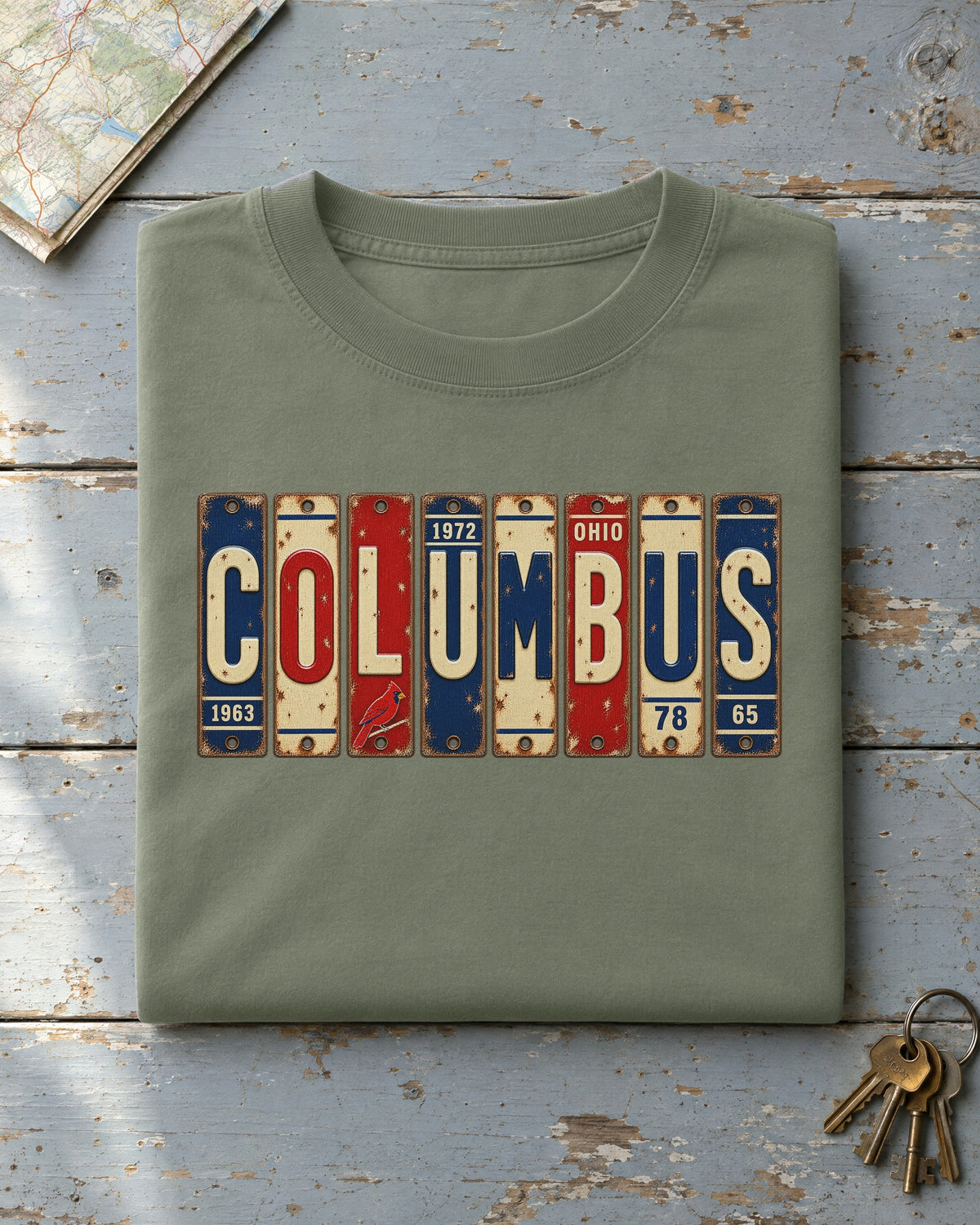 Columbus, Ohio vintage license plate t-shirt in Moss