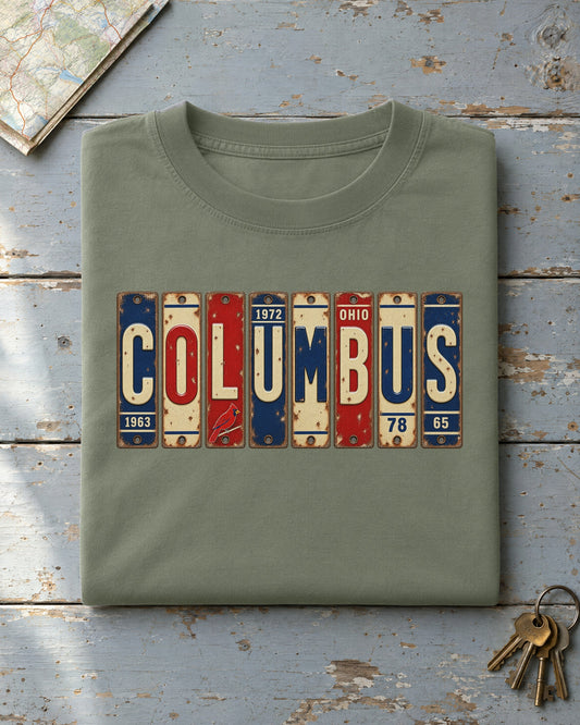 Columbus, Ohio vintage license plate t-shirt in Moss
