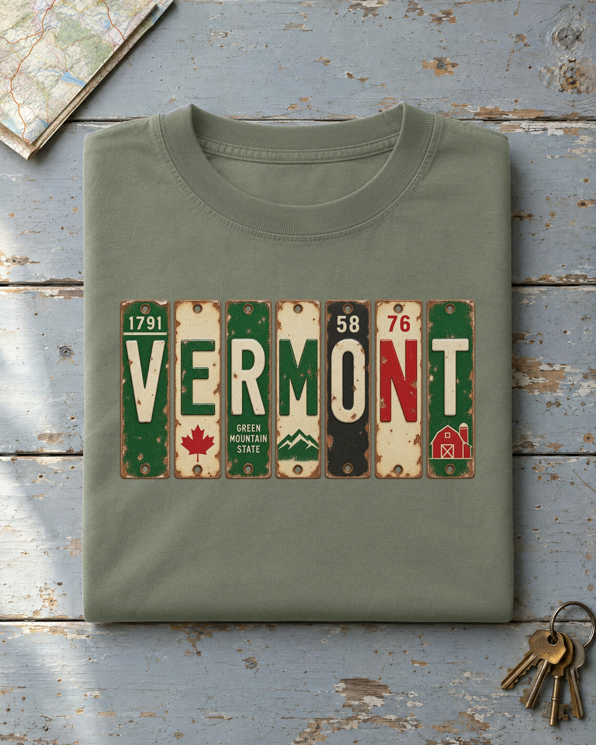 Vermont vintage license plate t-shirt in Moss