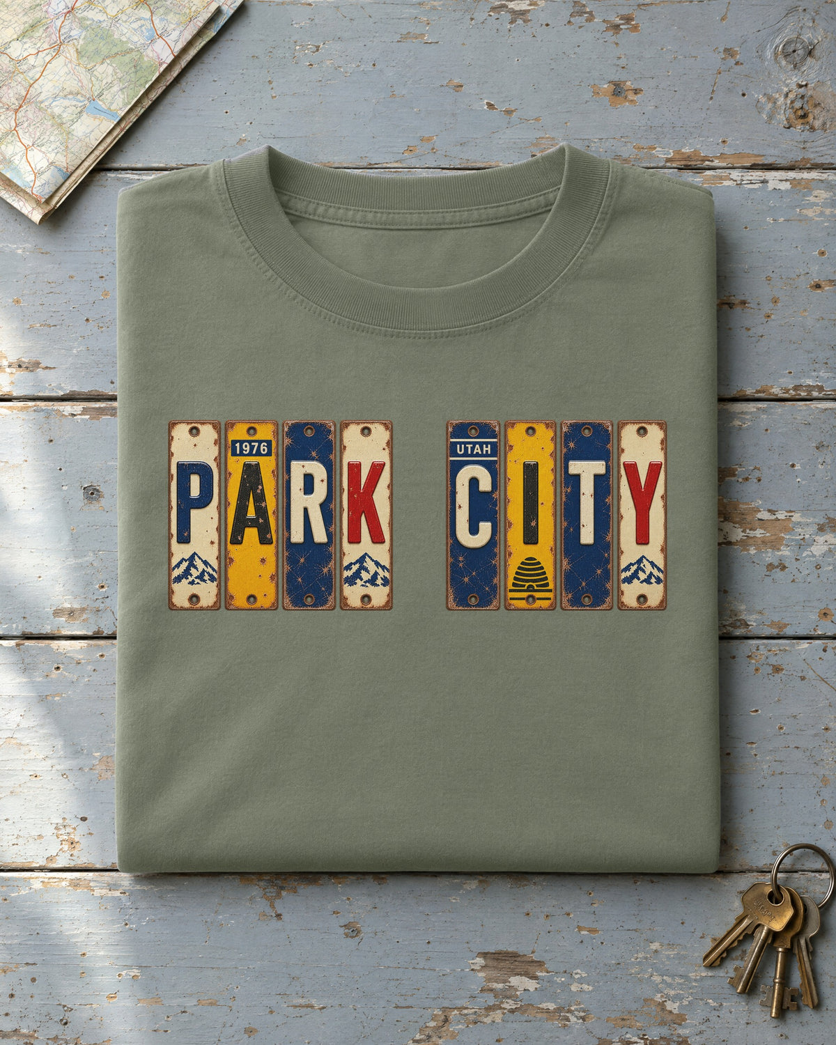 Park City, Utah vintage license plate t-shirt in Moss