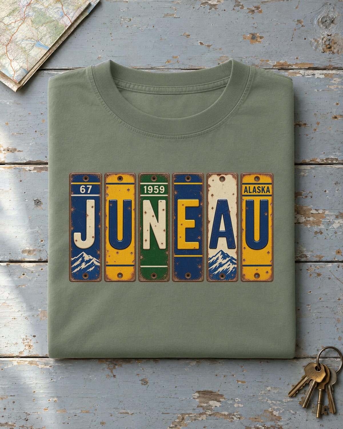 Juneau, Alaska vintage license plate t-shirt in Moss