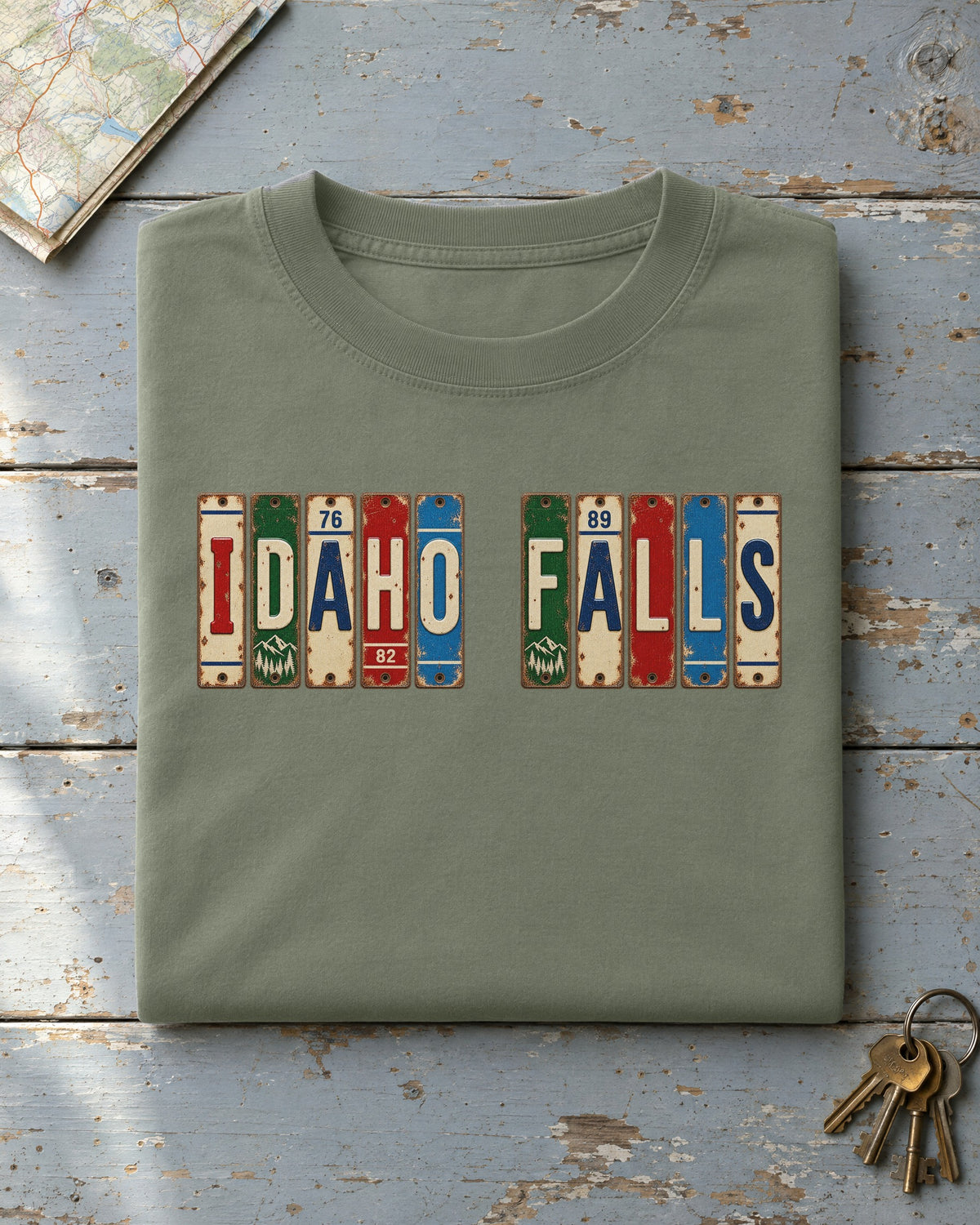 Idaho Falls, Idaho vintage license plate t-shirt in Moss