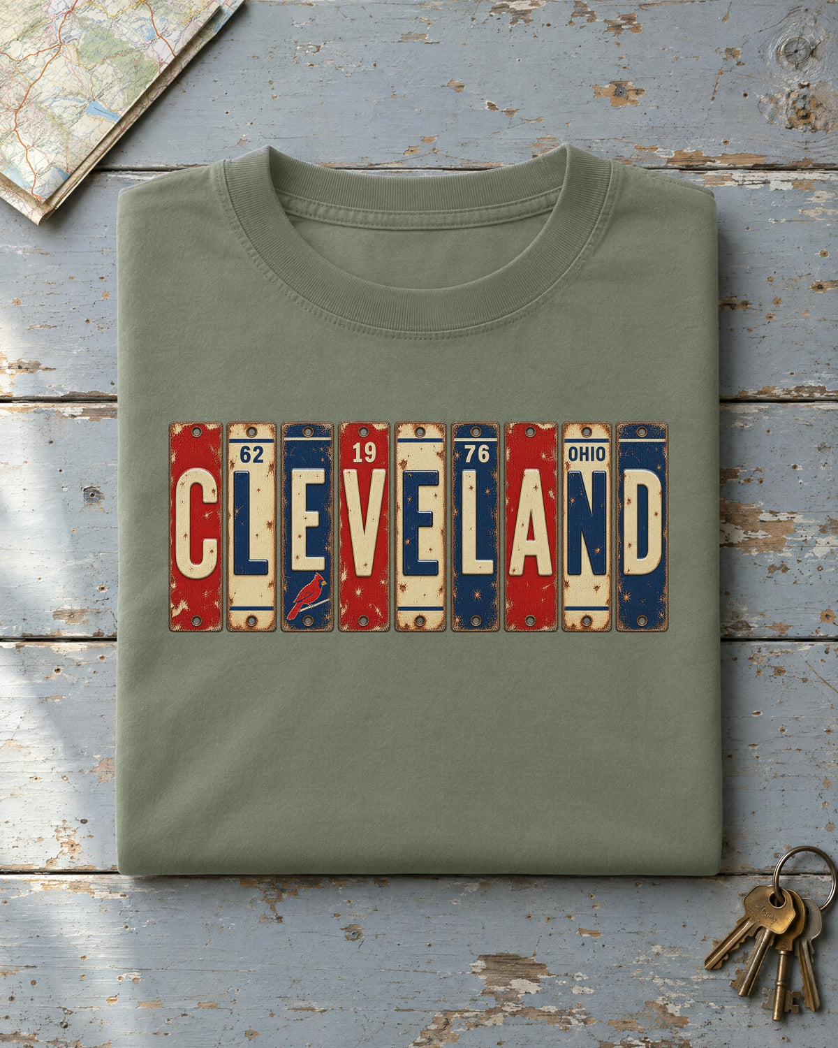 Cleveland, Ohio vintage license plate t-shirt in Moss