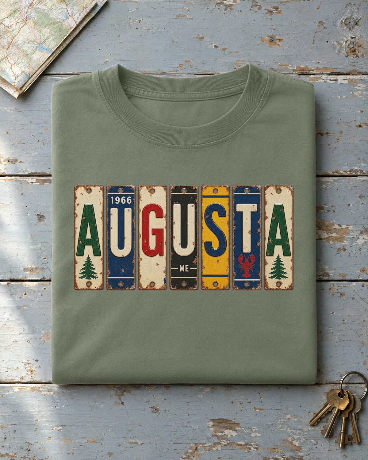 Augusta, Maine vintage license plate t-shirt in Moss