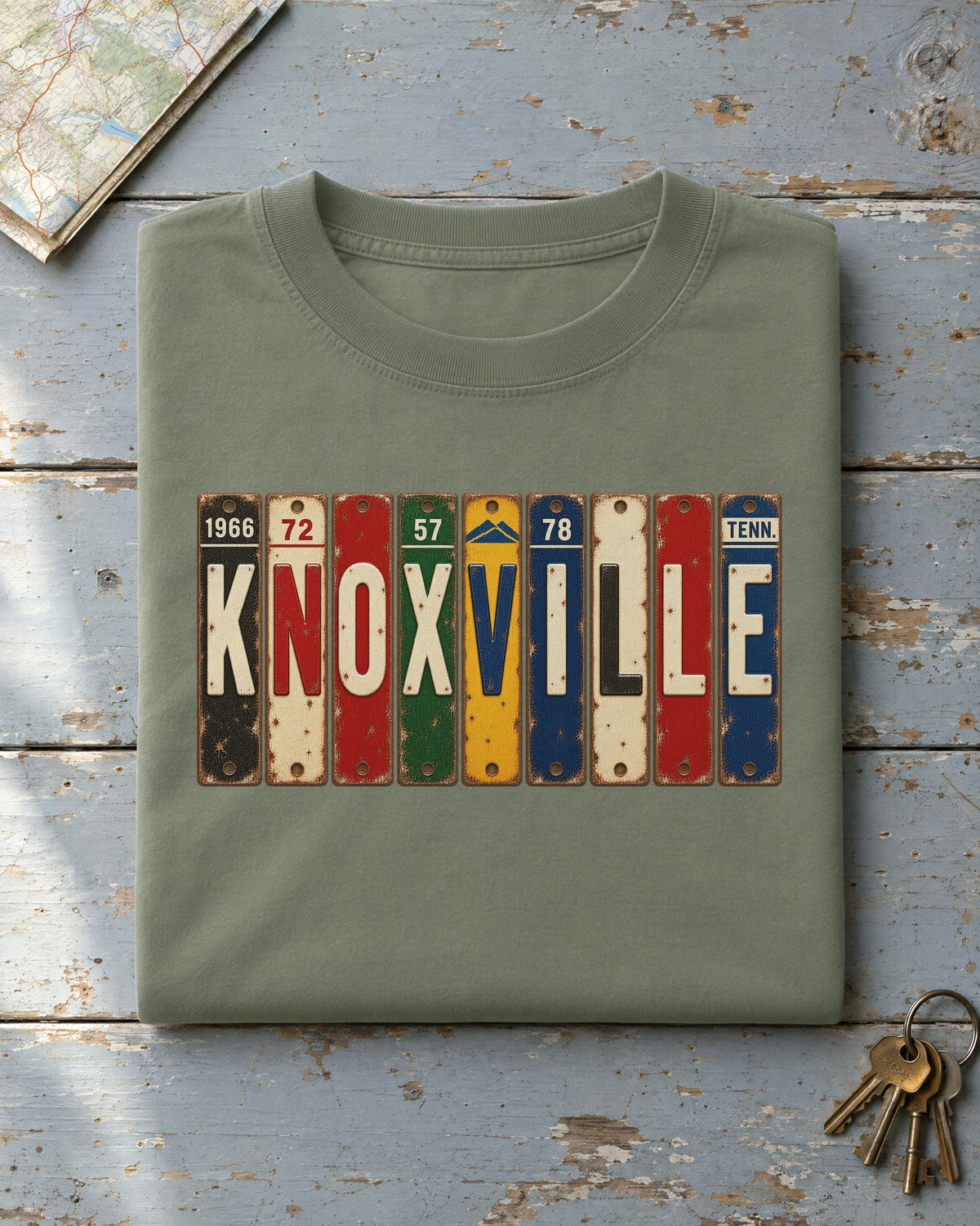 Knoxville, Tennessee vintage license plate t-shirt in Moss
