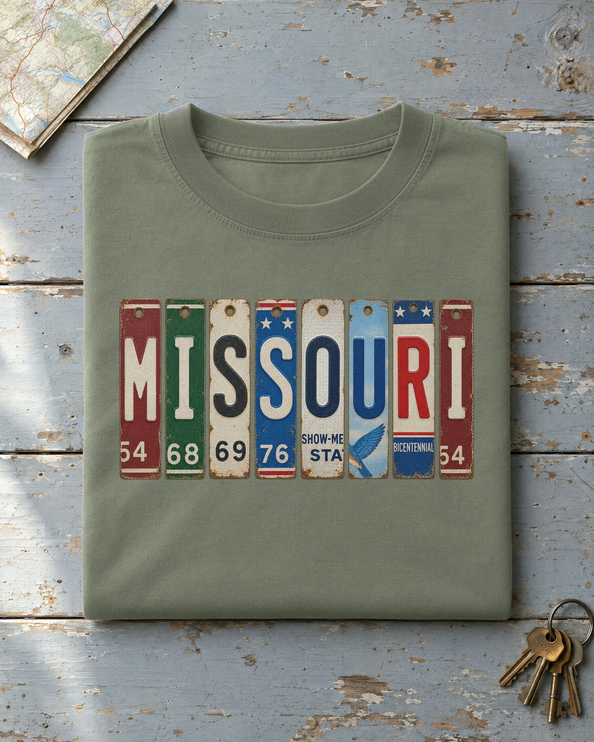 Missouri vintage license plate t-shirt in Moss