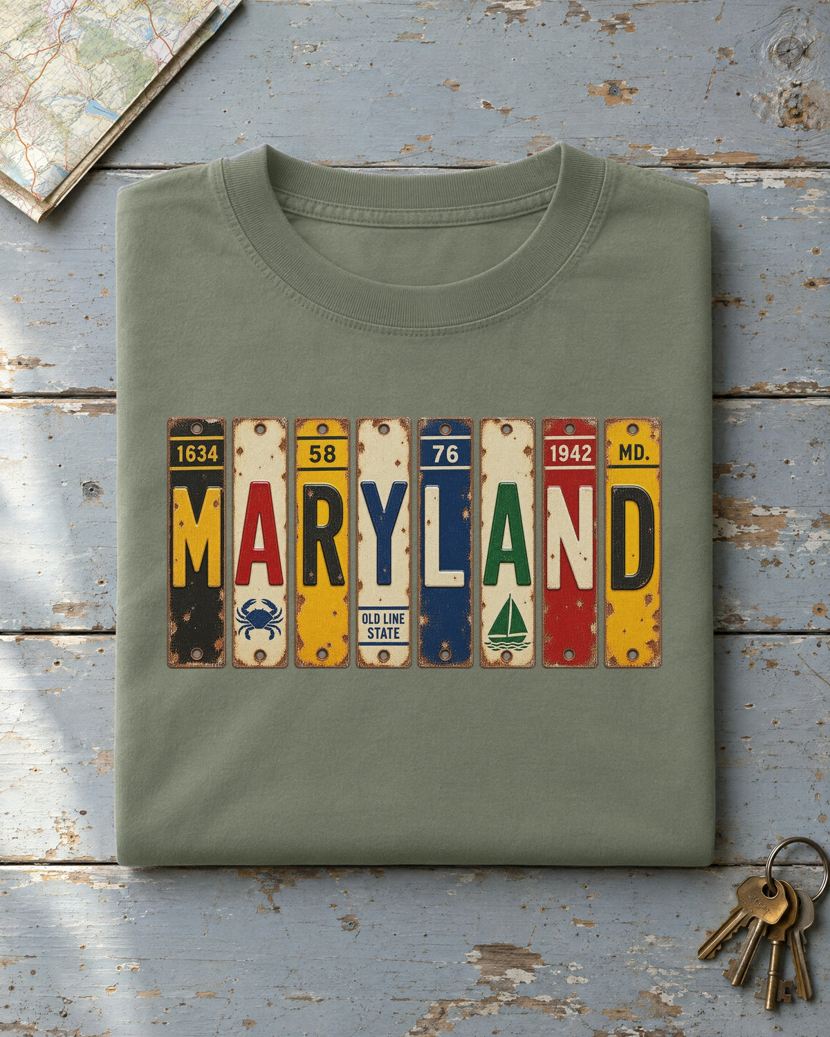 Maryland vintage license plate t-shirt in Moss