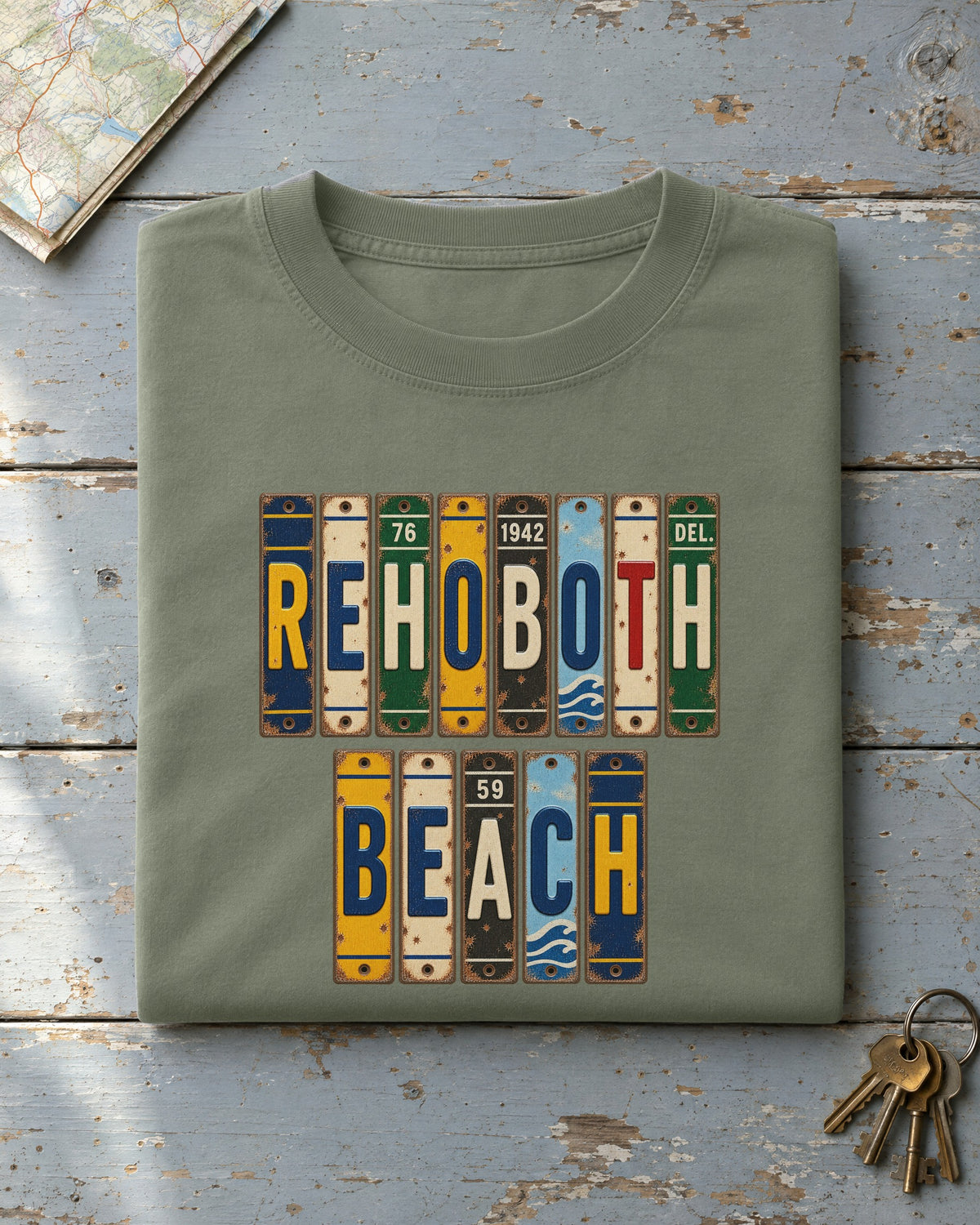 Rehoboth Beach, Delaware vintage license plate t-shirt in Moss