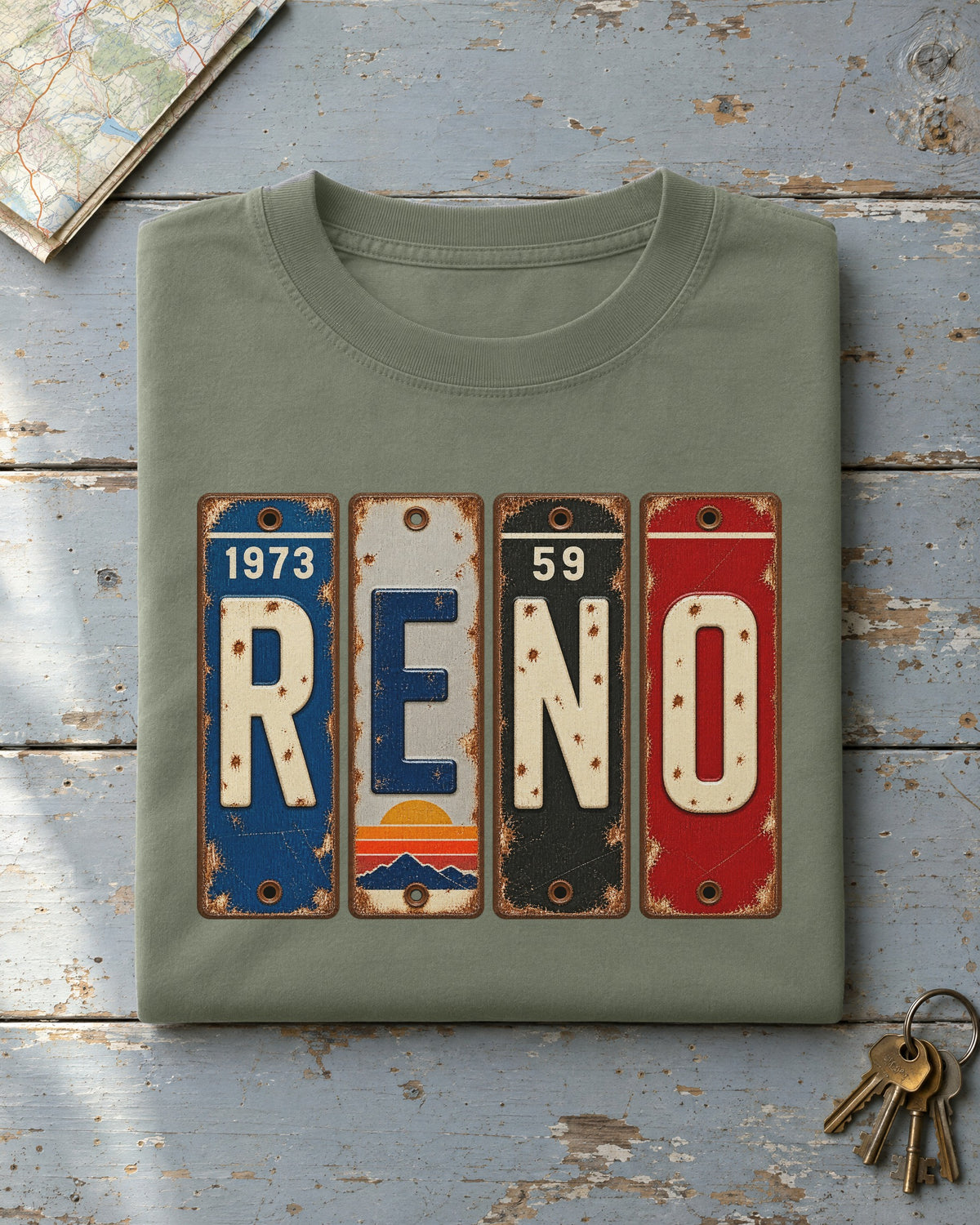 Reno, Nevada vintage license plate t-shirt in Moss