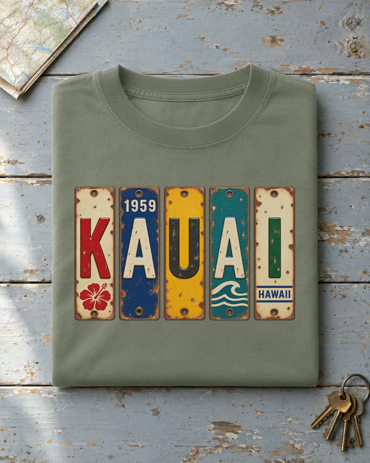 Kauai, Hawaii vintage license plate t-shirt in Moss