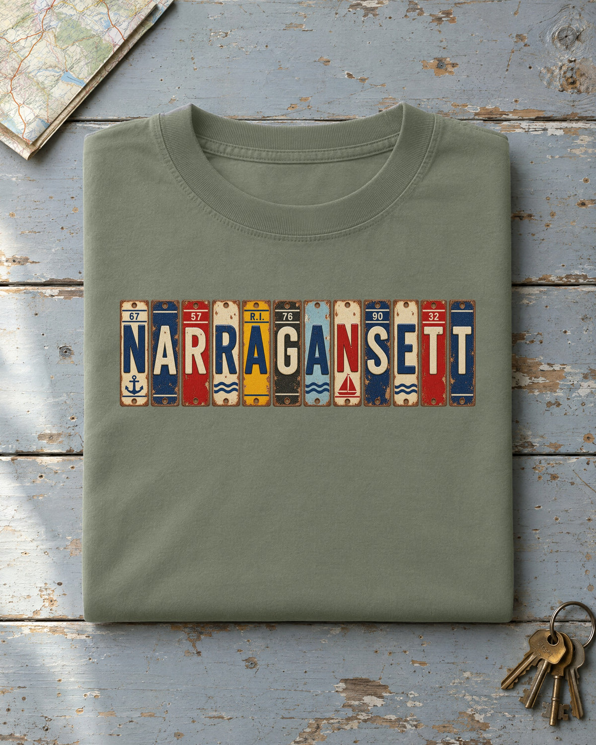 Narragansett, Rhode Island vintage license plate t-shirt in Moss