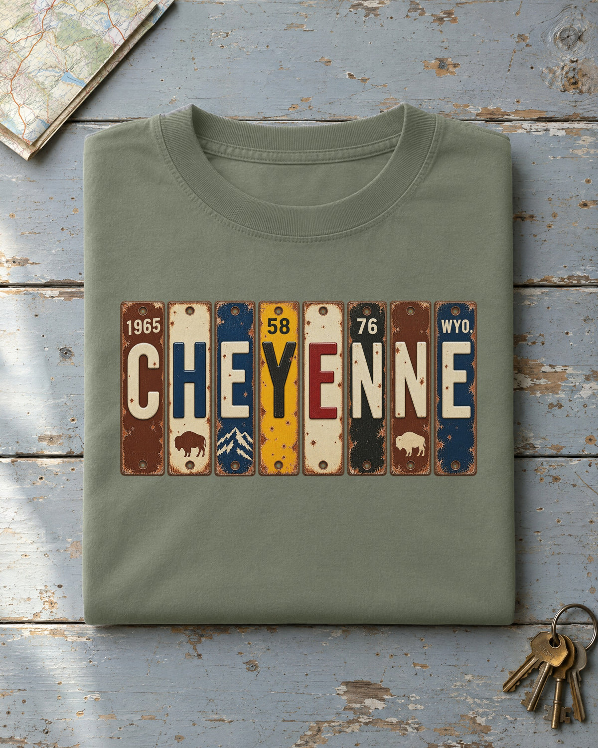 Cheyenne, Wyoming vintage license plate t-shirt in Moss