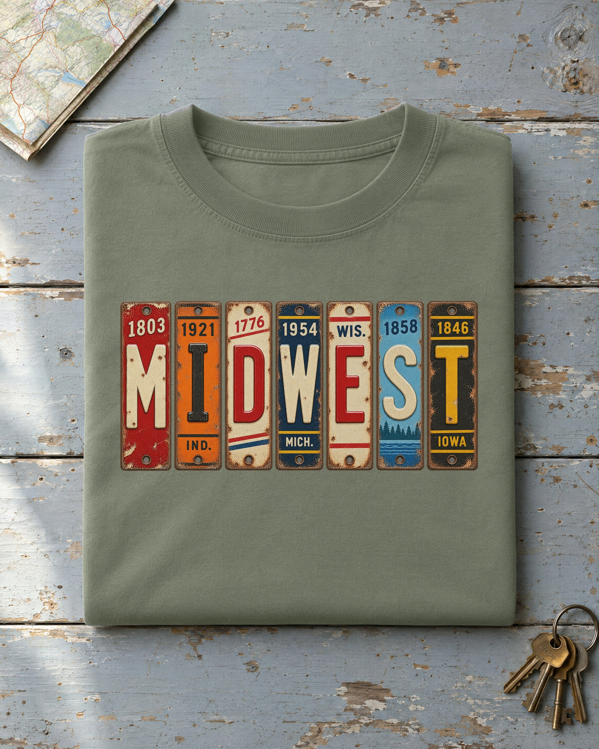 Midwest vintage license plate t-shirt in Moss