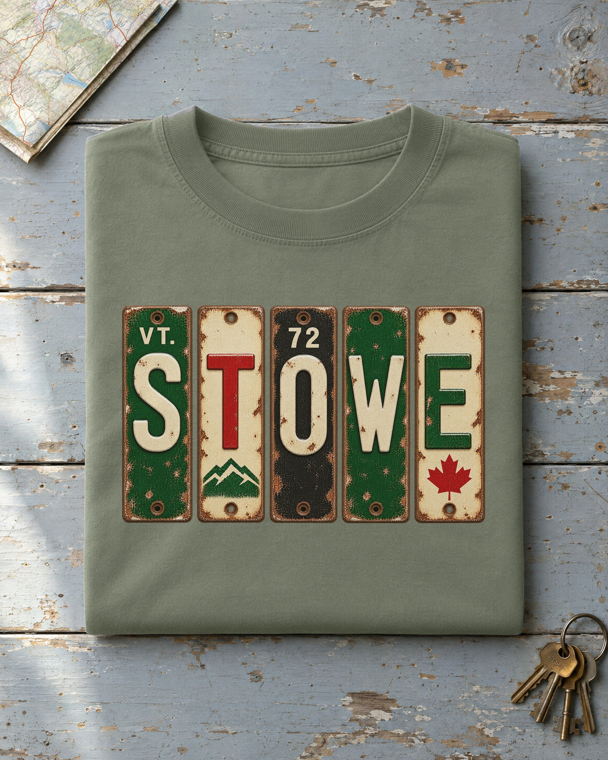 Stowe, Vermont vintage license plate t-shirt in Moss