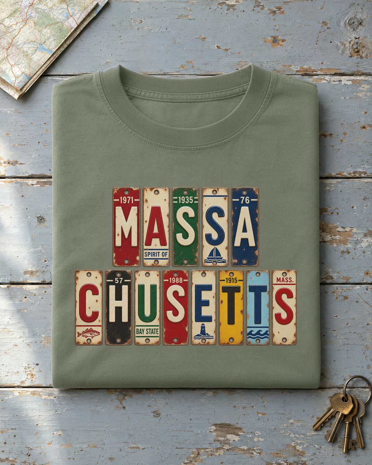 Massachusetts vintage license plate t-shirt in Moss