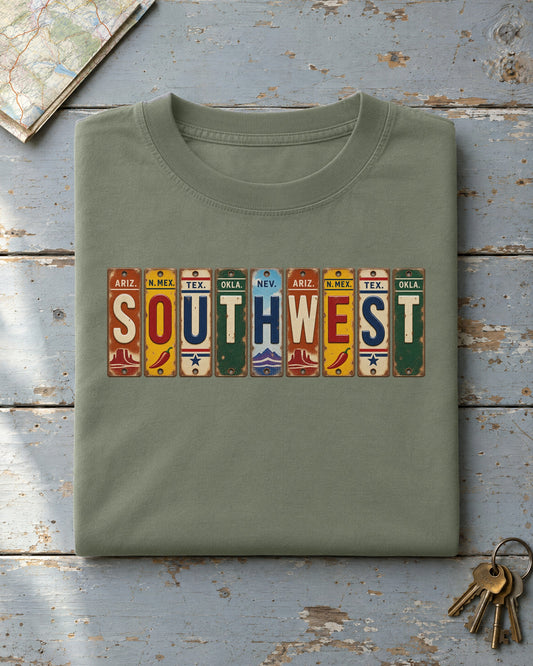 Southwest vintage license plate t-shirt in Moss