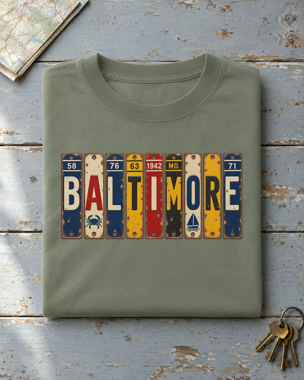 Baltimore, Maryland vintage license plate t-shirt in Moss