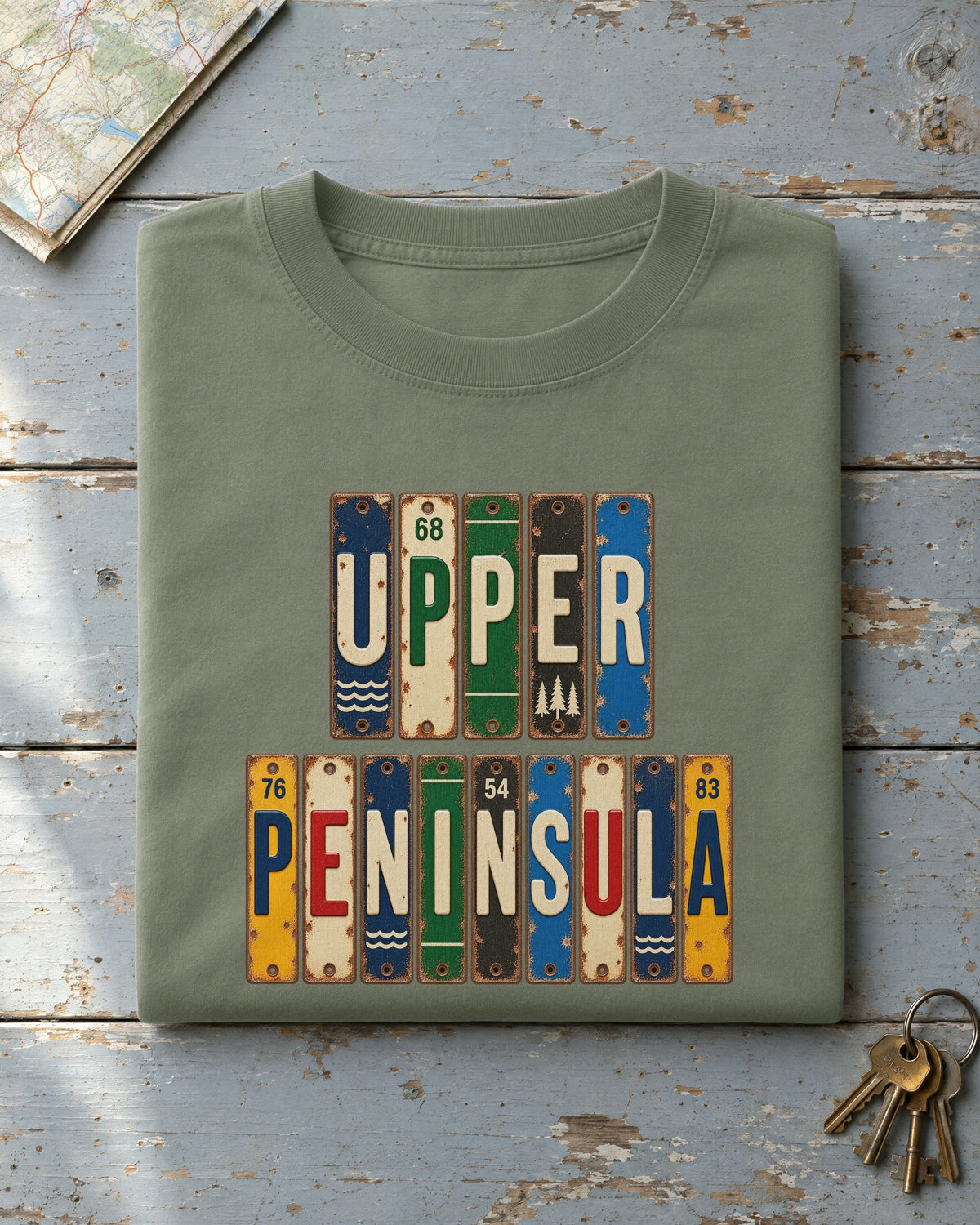 Upper Peninsula, Michigan vintage license plate t-shirt in Moss