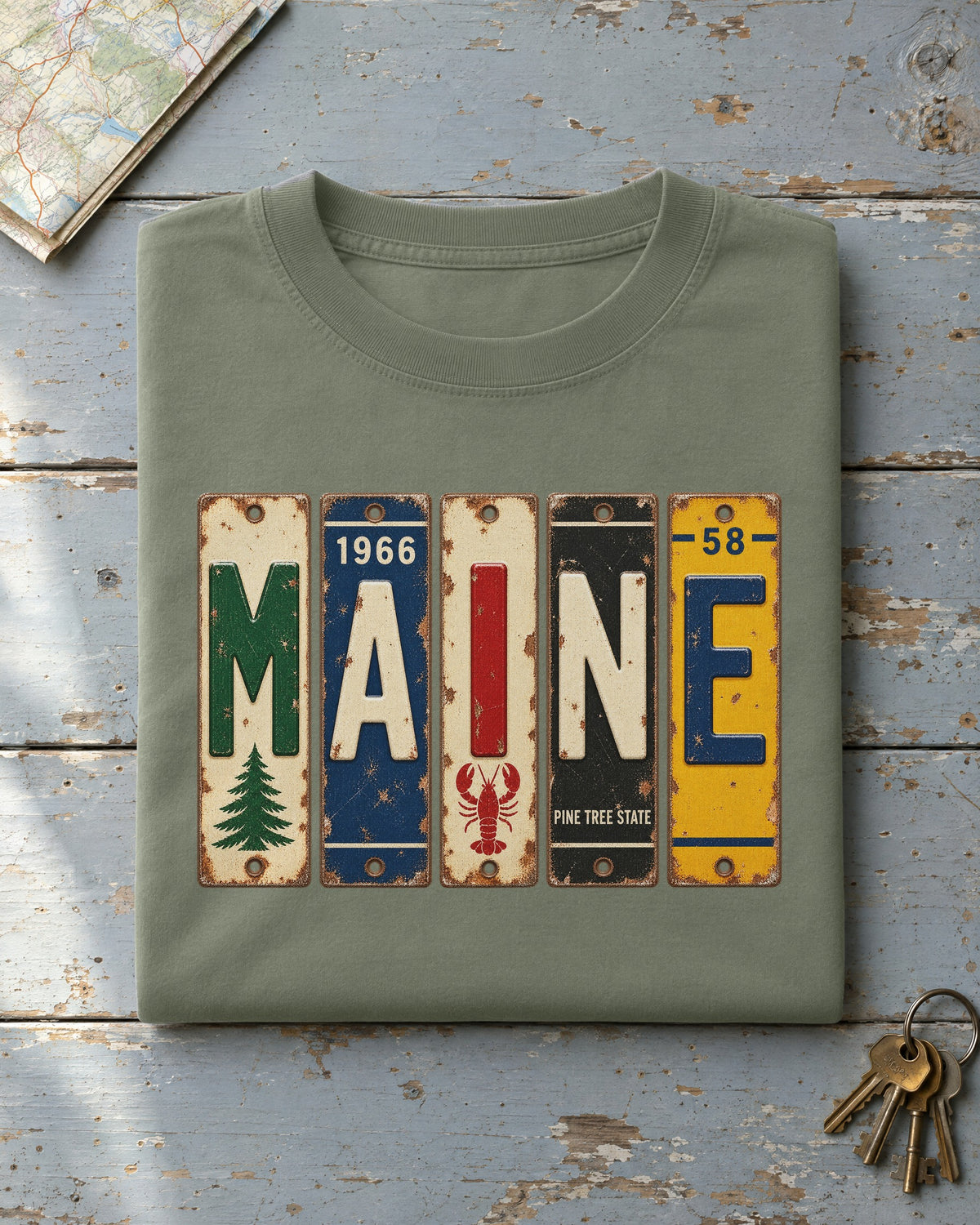 Maine vintage license plate t-shirt in Moss