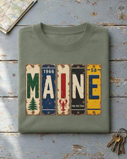 Maine vintage license plate t-shirt in Moss