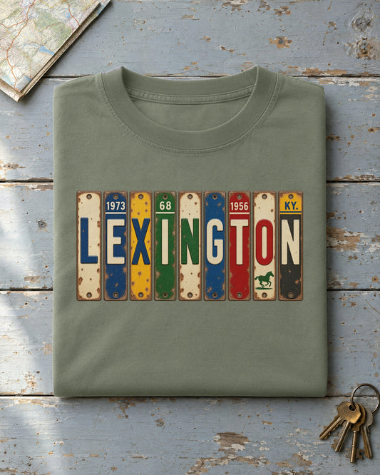 Lexington, Kentucky vintage license plate t-shirt in Moss