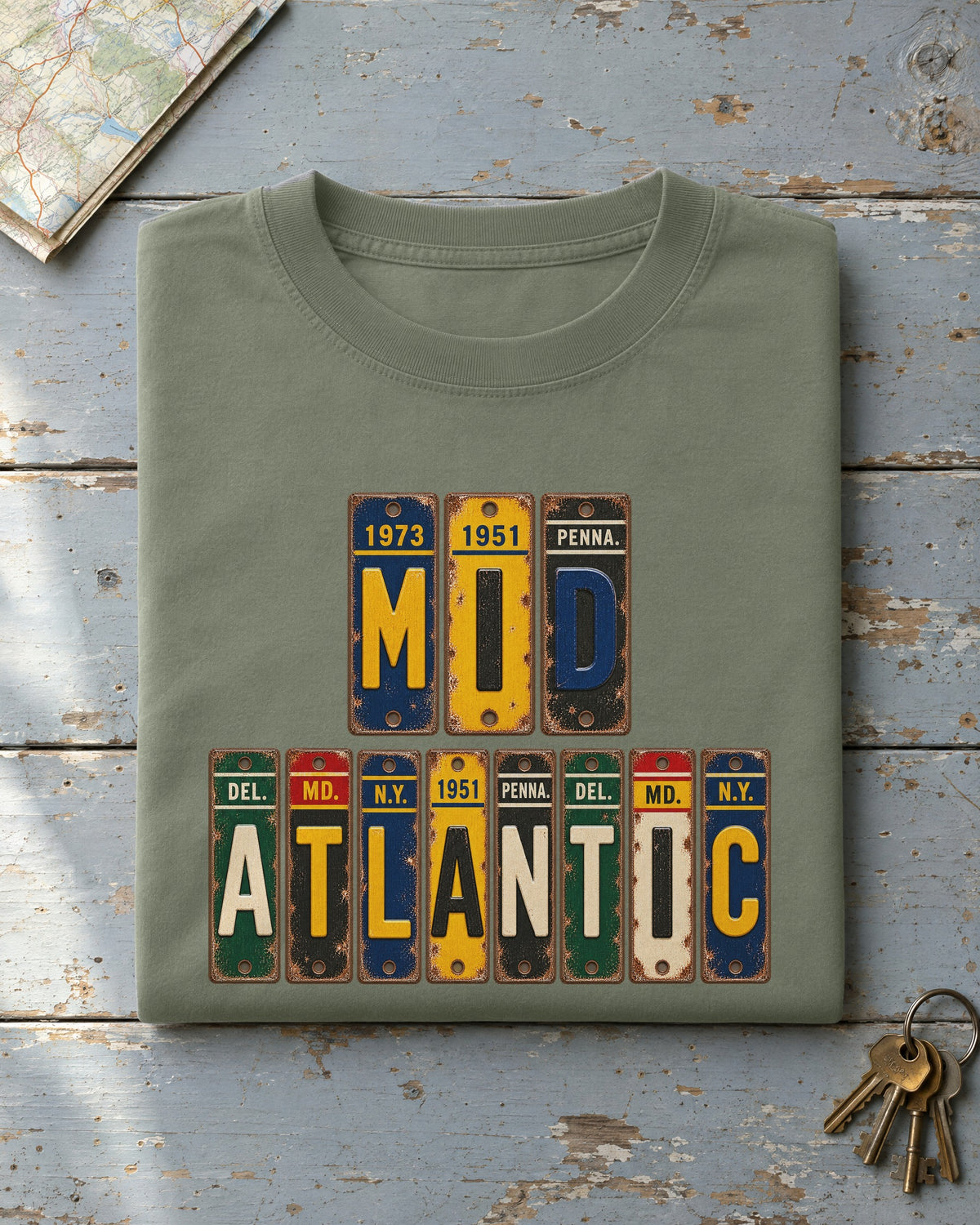 Mid-Atlantic vintage license plate t-shirt in Moss