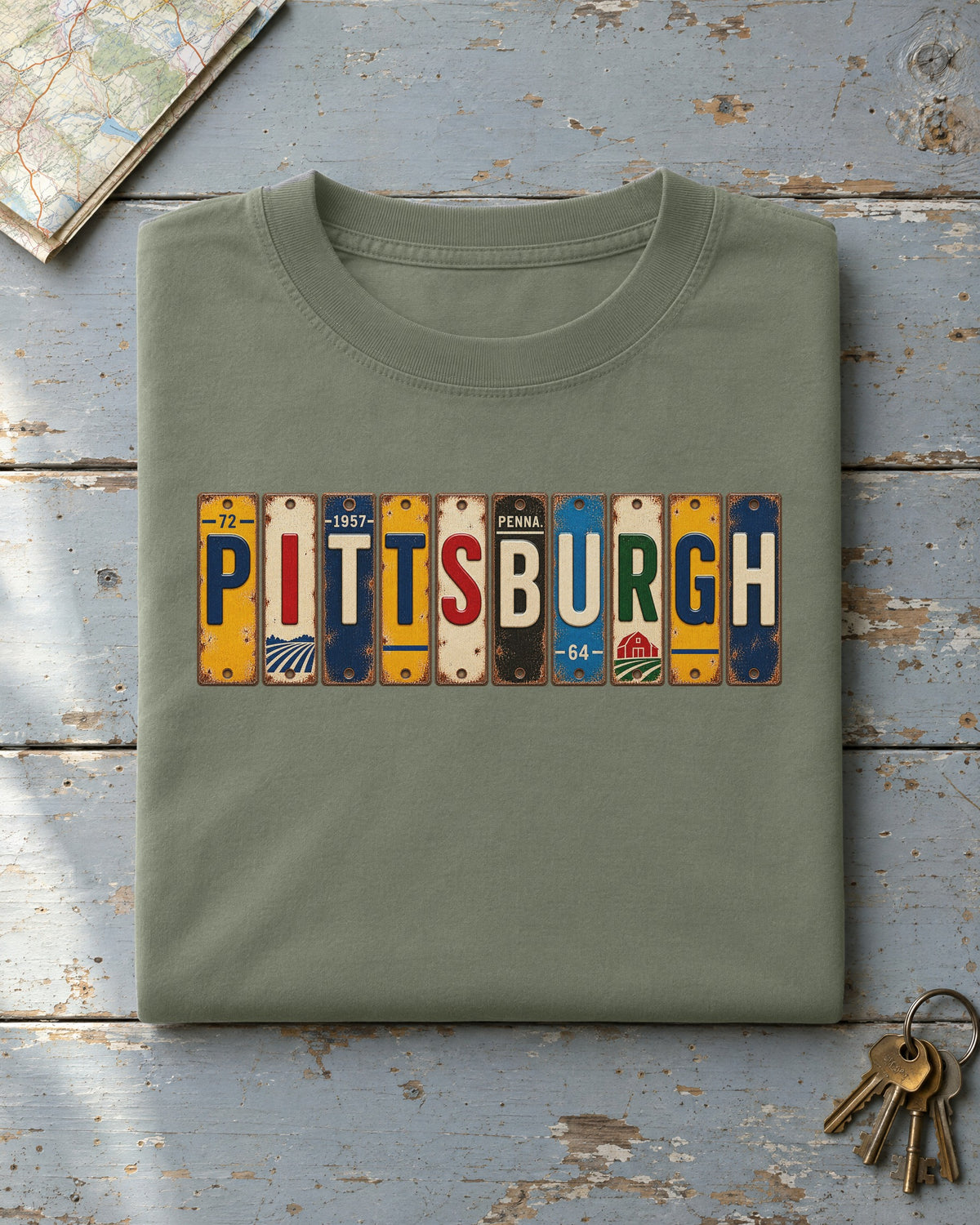 Pittsburgh, Pennsylvania vintage license plate t-shirt in Moss