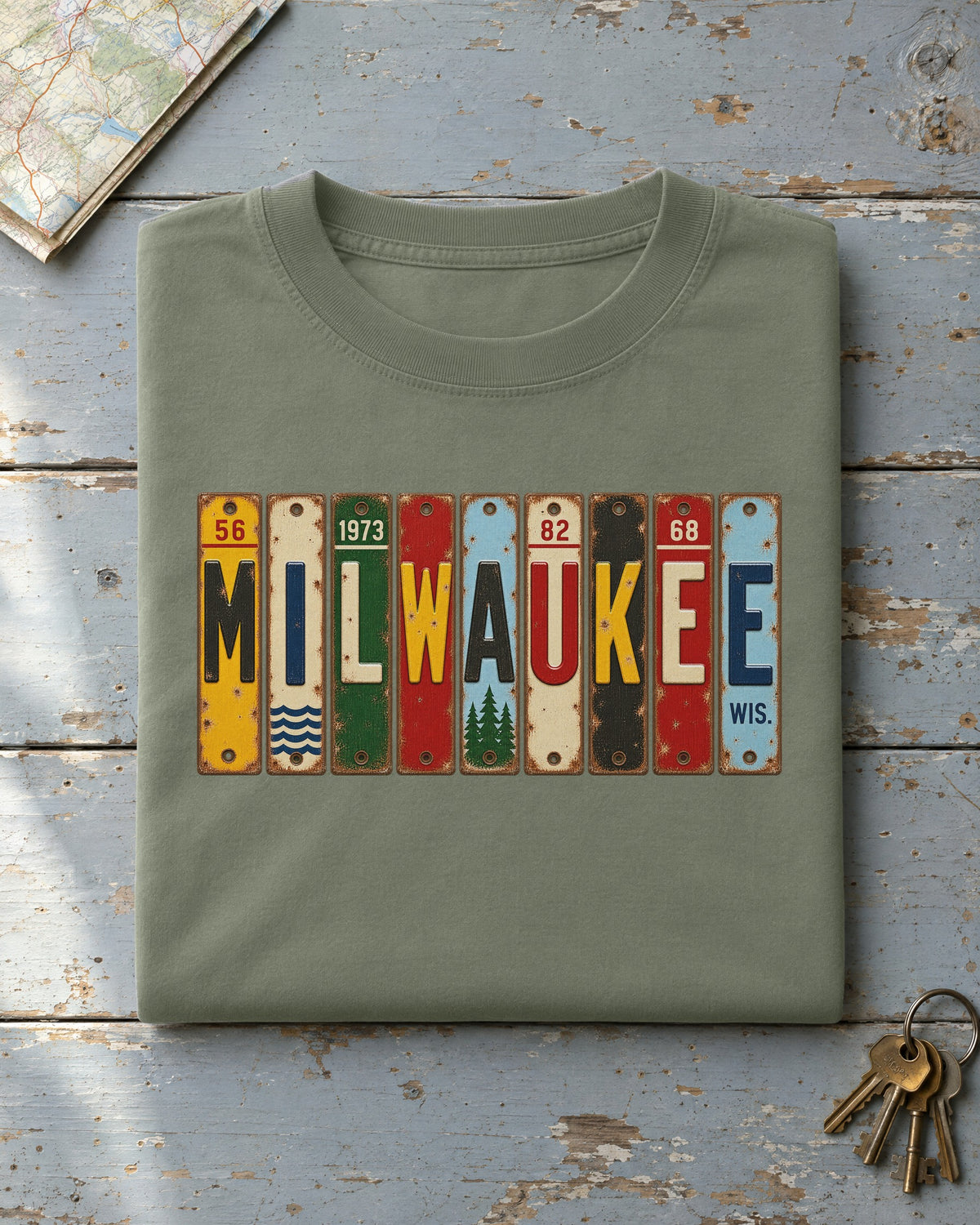 Milwaukee, Wisconsin vintage license plate t-shirt in Moss