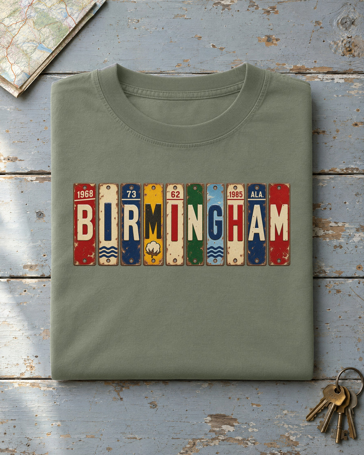 Birmingham, Alabama vintage license plate t-shirt in Moss