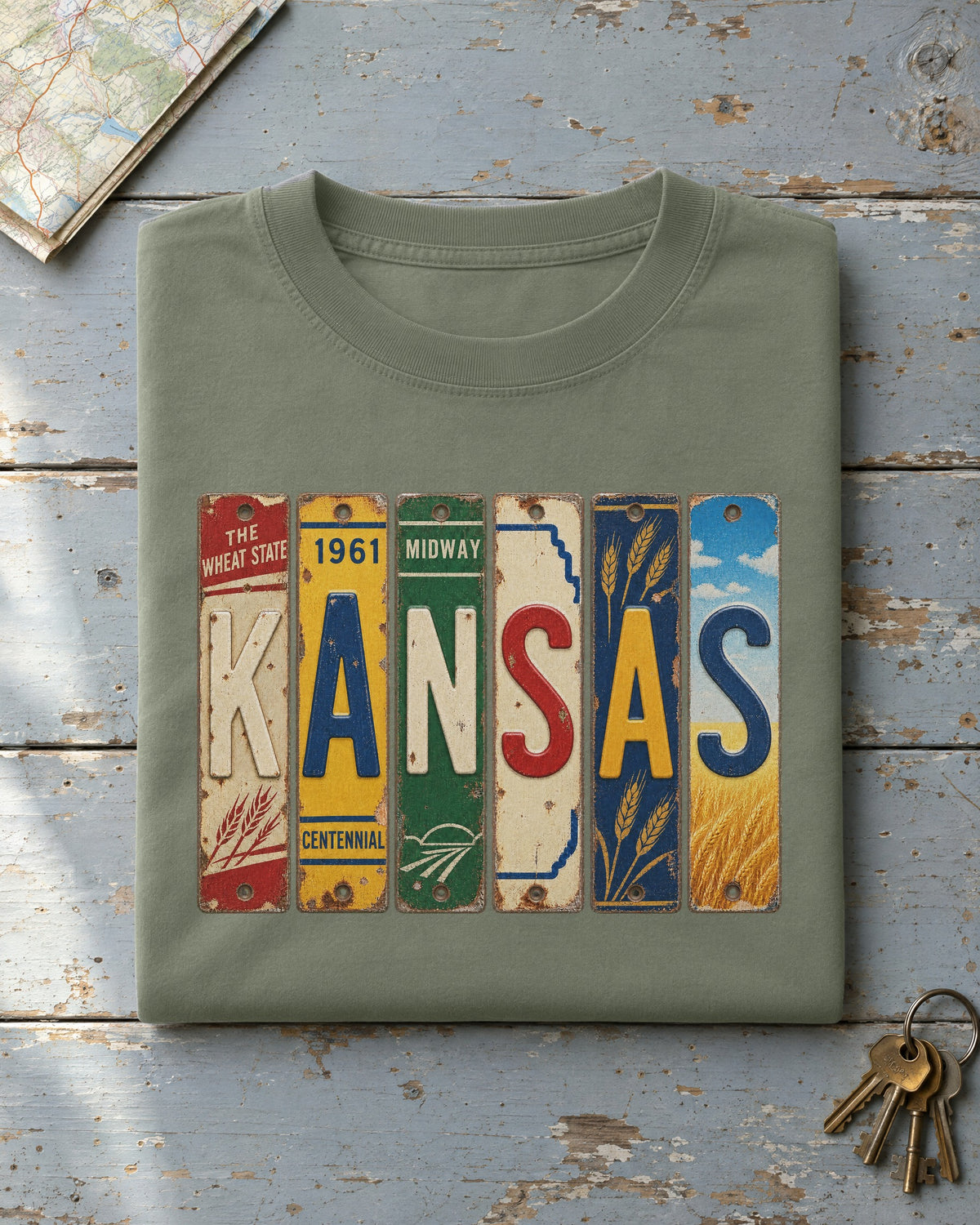 Kansas vintage license plate t-shirt in Moss