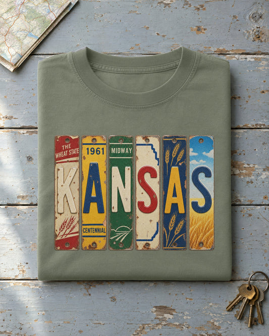 Kansas vintage license plate t-shirt in Moss