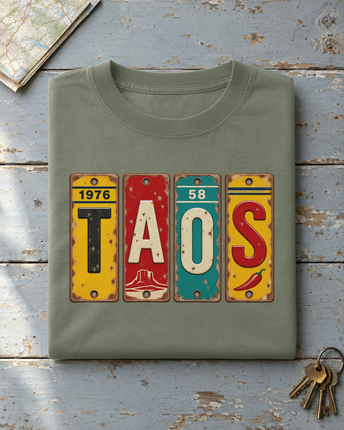 Taos, New Mexico vintage license plate t-shirt in Moss
