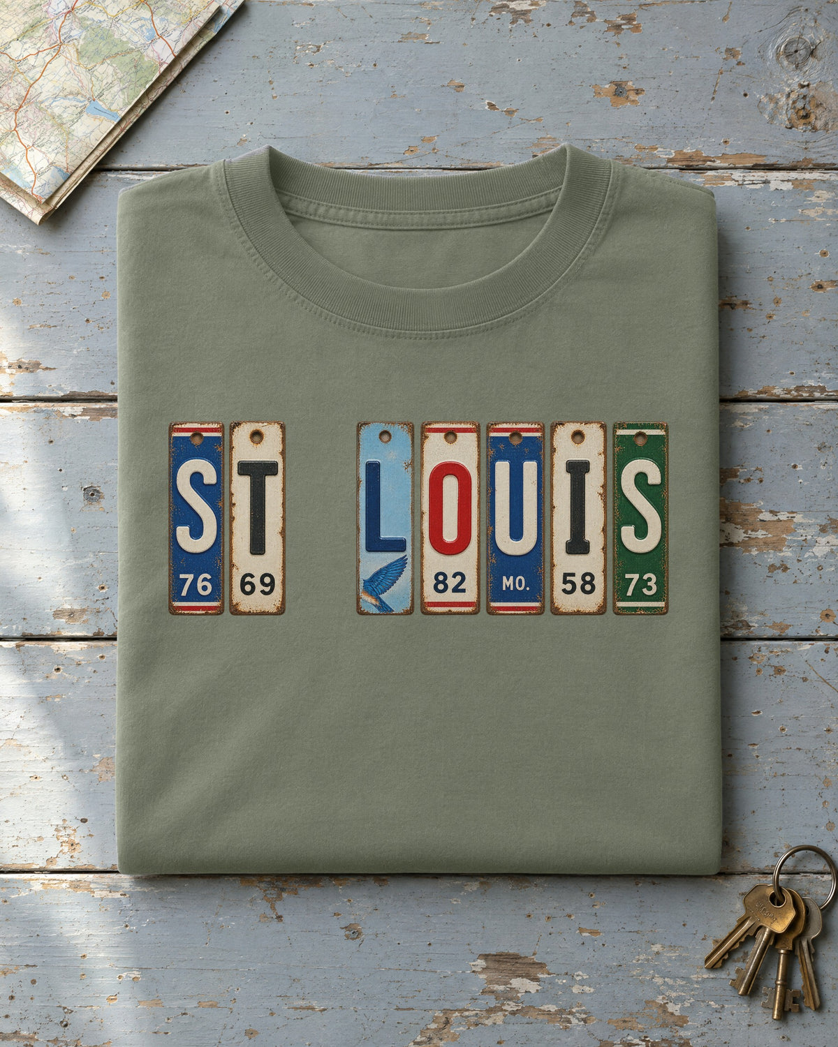 St. Louis, Missouri vintage license plate t-shirt in Moss