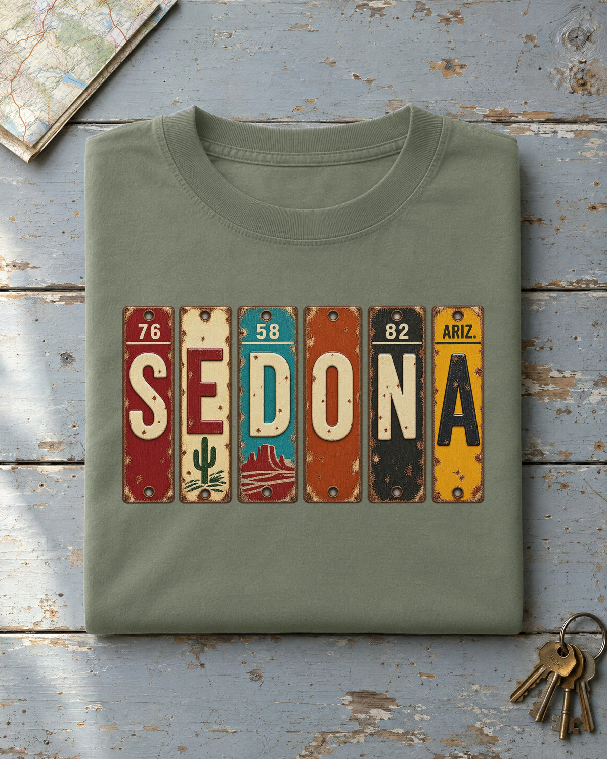 Sedona, Arizona vintage license plate t-shirt in Moss