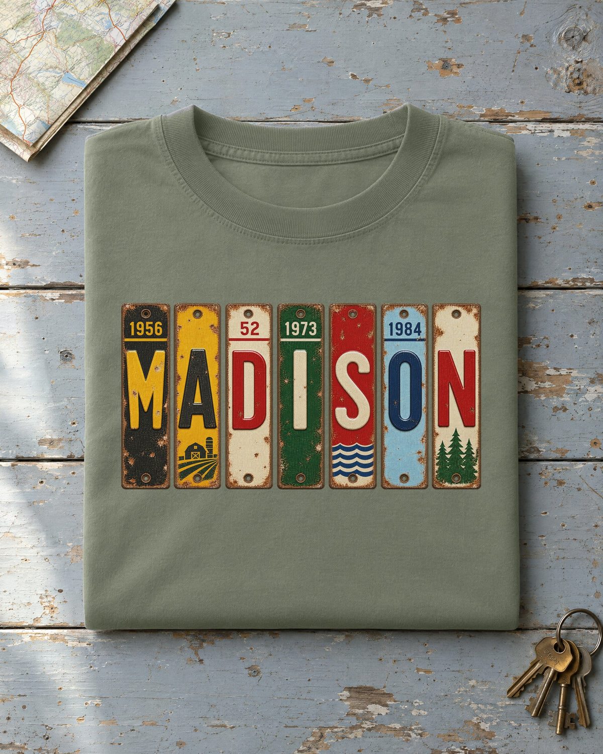 Madison, Wisconsin vintage license plate t-shirt in Moss