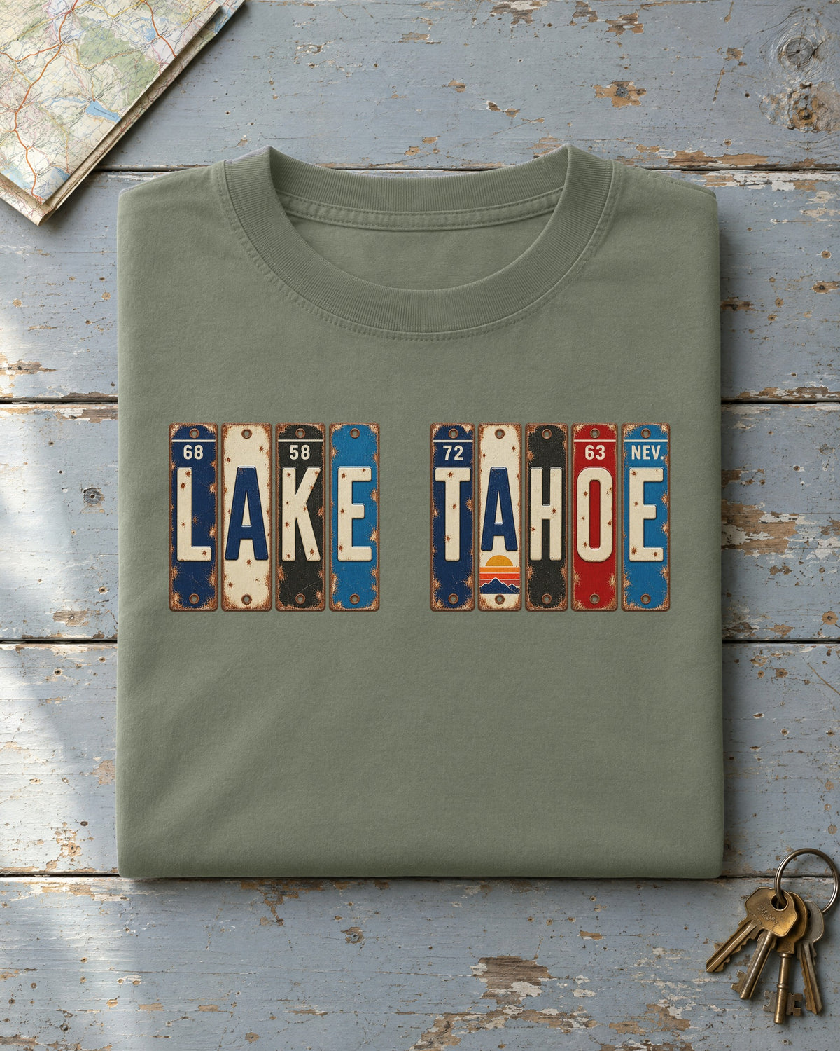 Lake Tahoe, Nevada vintage license plate t-shirt in Moss