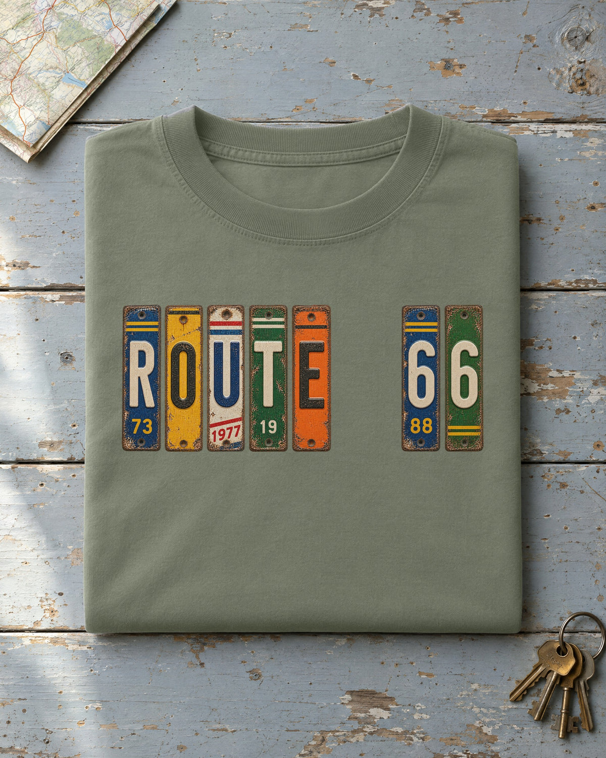 Route 66, Illinois vintage license plate t-shirt in Moss