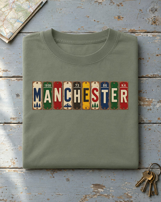 Manchester, New Hampshire vintage license plate t-shirt in Moss