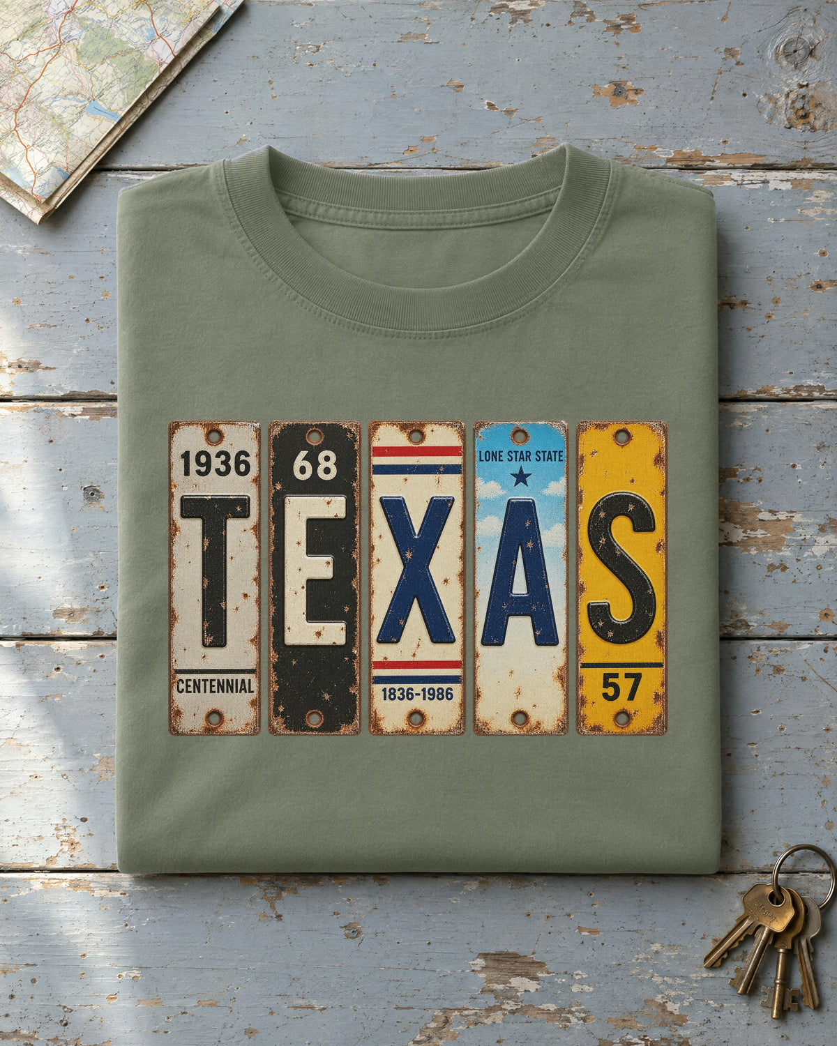 Texas vintage license plate t-shirt in Moss