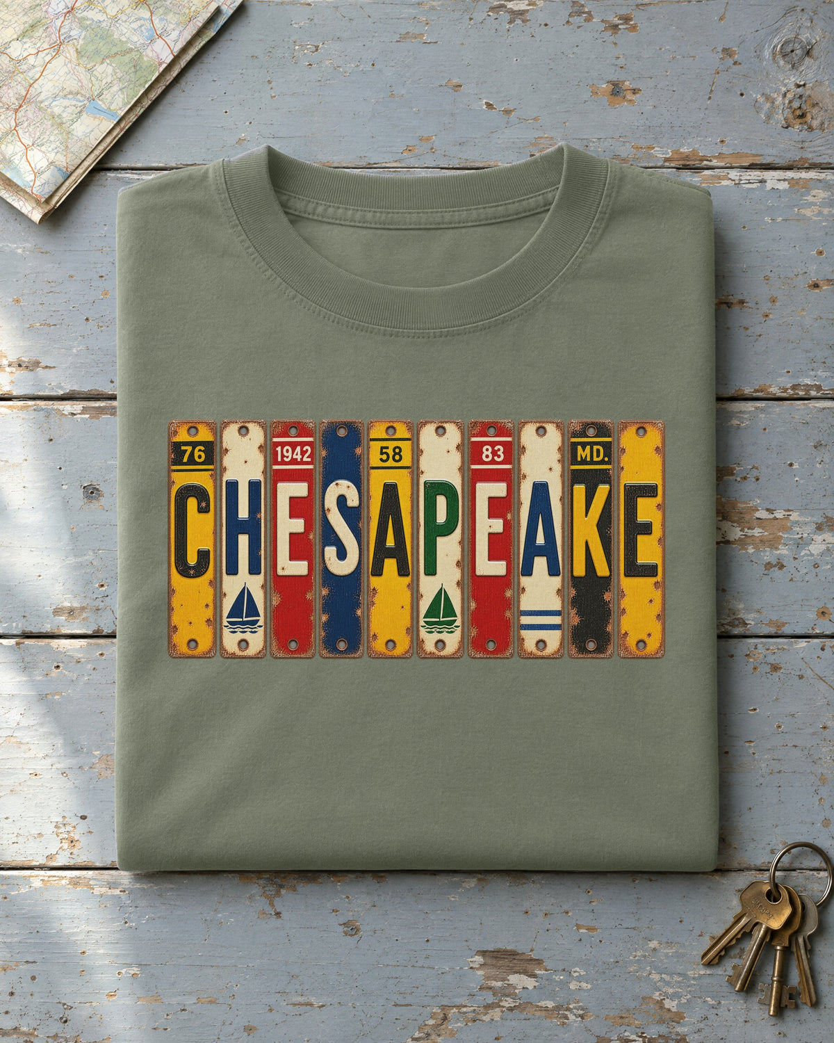 Chesapeake, Maryland vintage license plate t-shirt in Moss