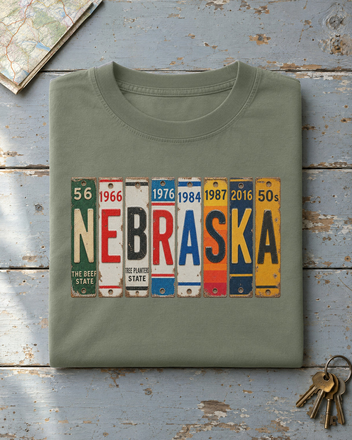 Nebraska vintage license plate t-shirt in Moss