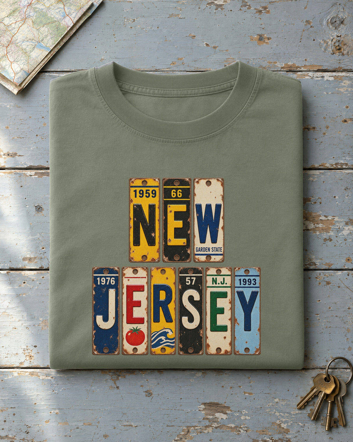 New Jersey vintage license plate t-shirt in Moss
