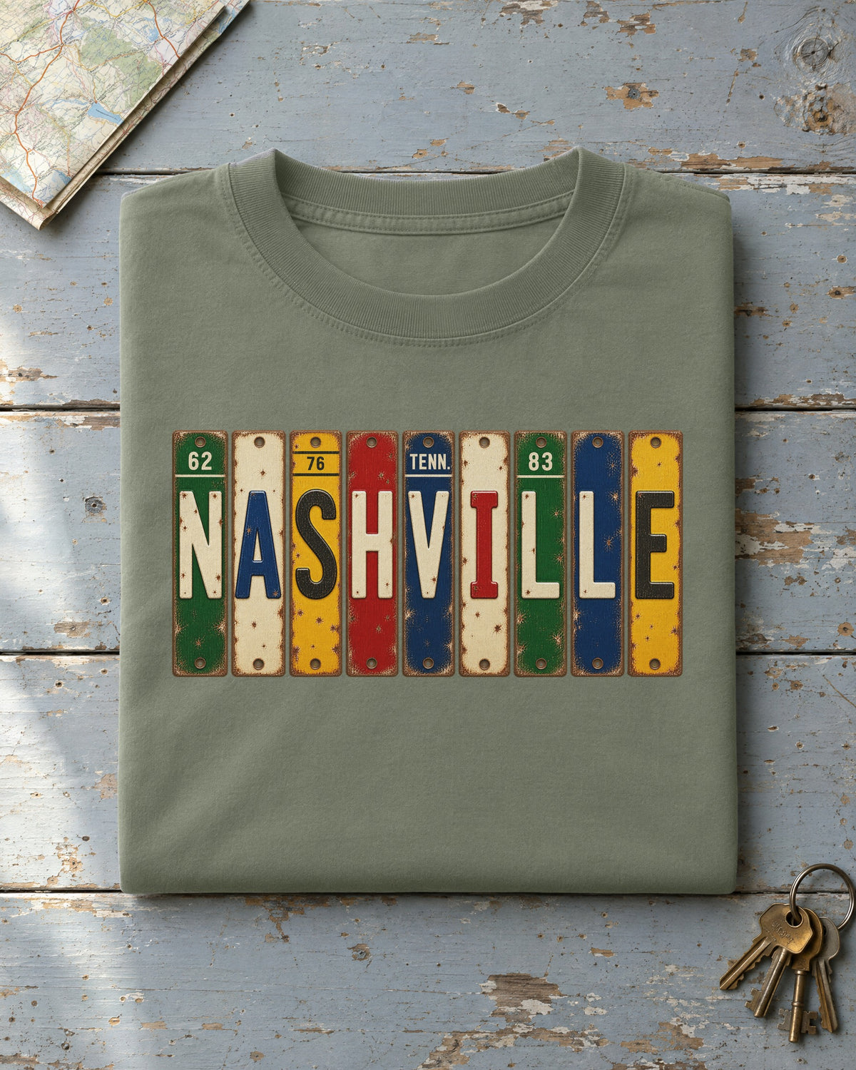 Nashville, Tennessee vintage license plate t-shirt in Moss