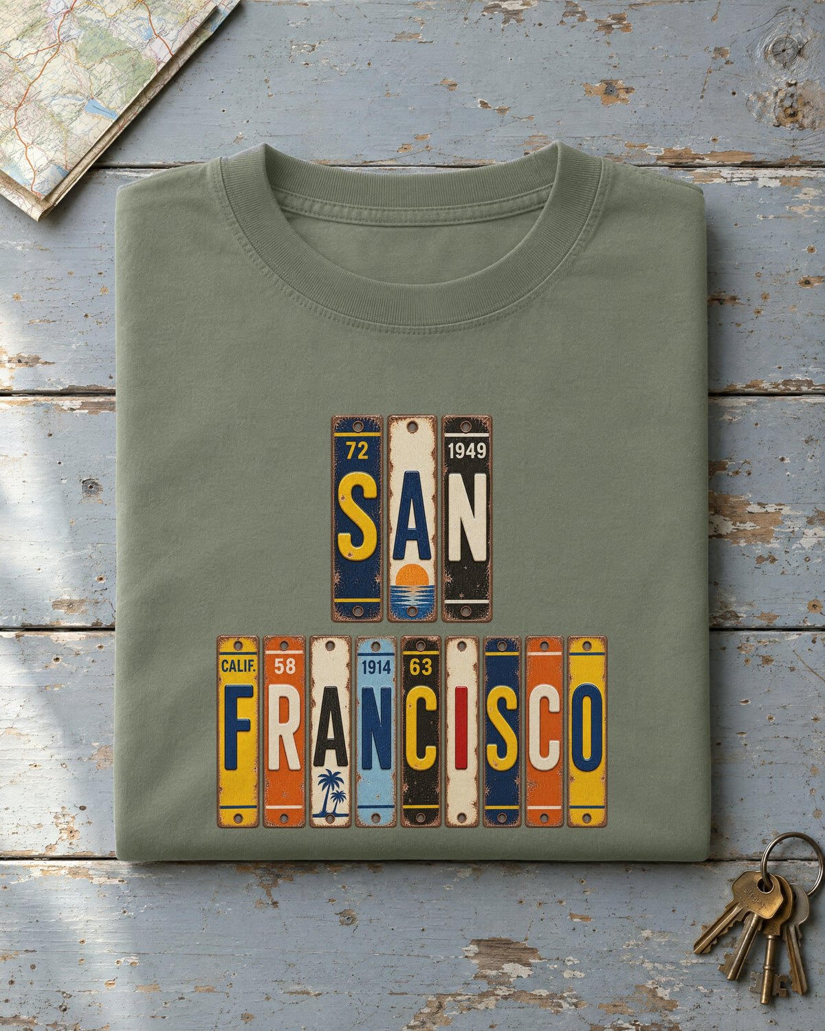 San Francisco, California vintage license plate t-shirt in Moss