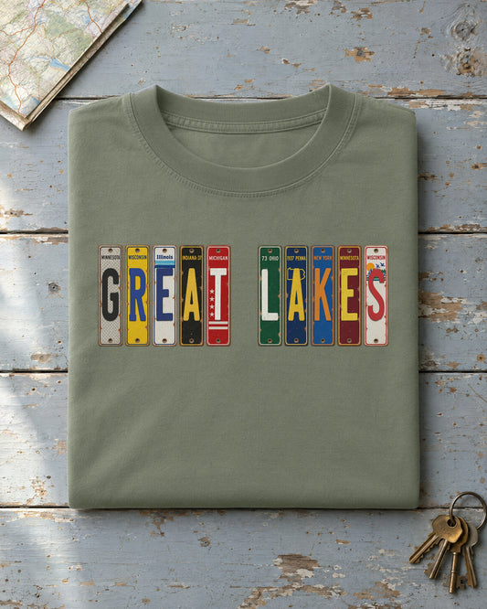 Great Lakes vintage license plate t-shirt in Moss