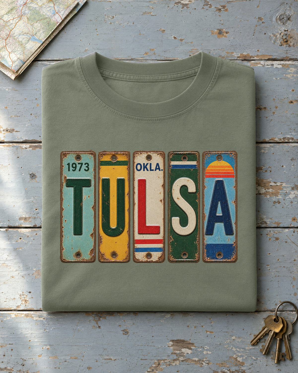 Tulsa, Oklahoma vintage license plate t-shirt in Moss
