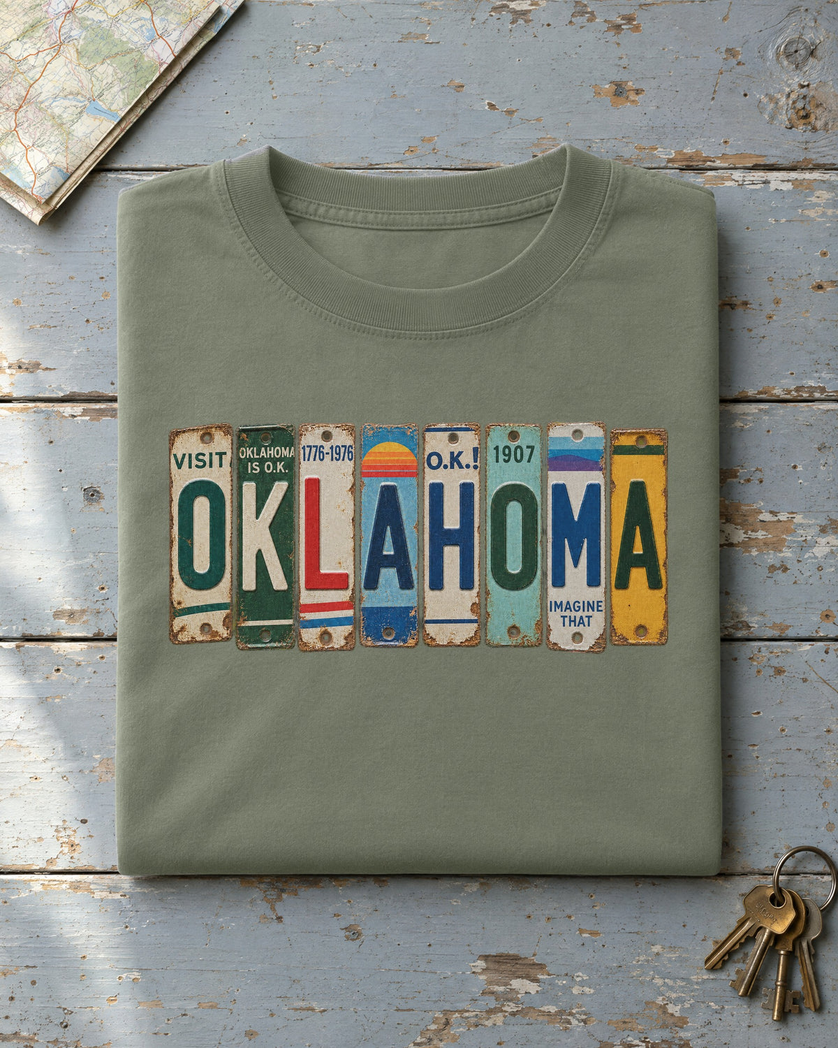 Oklahoma vintage license plate t-shirt in Moss