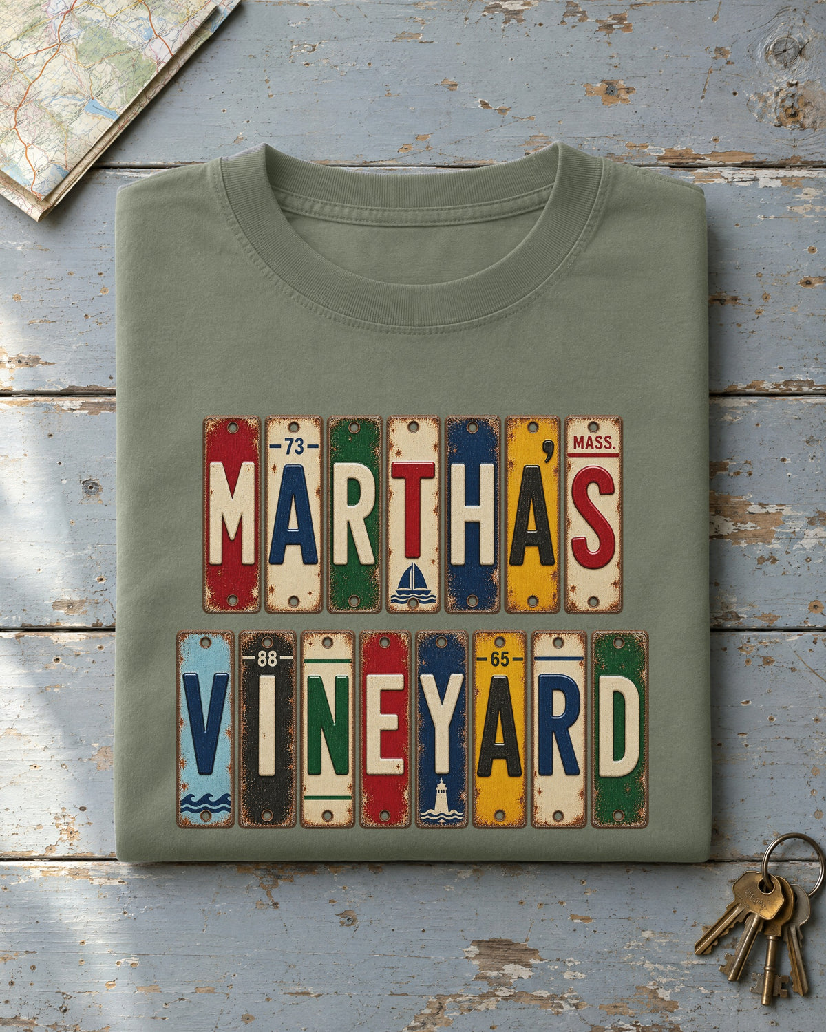 Martha's Vineyard, Massachusetts vintage license plate t-shirt in Moss