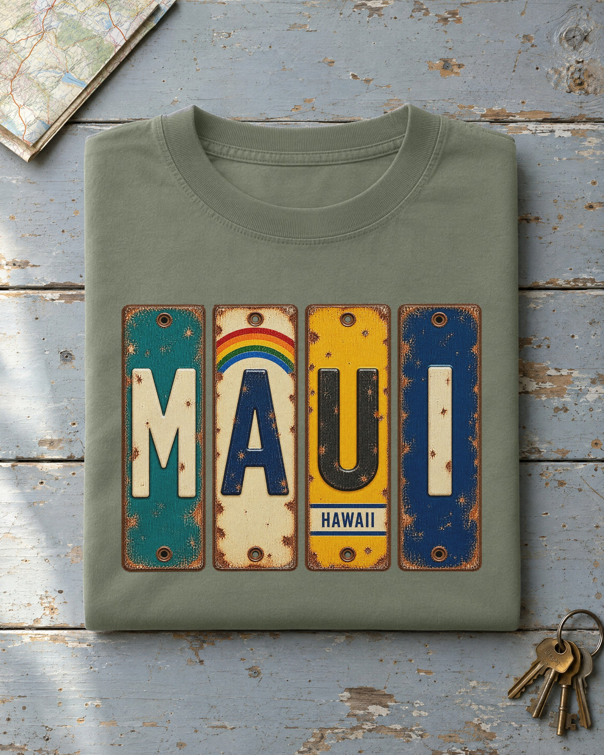 Maui, Hawaii vintage license plate t-shirt in Moss