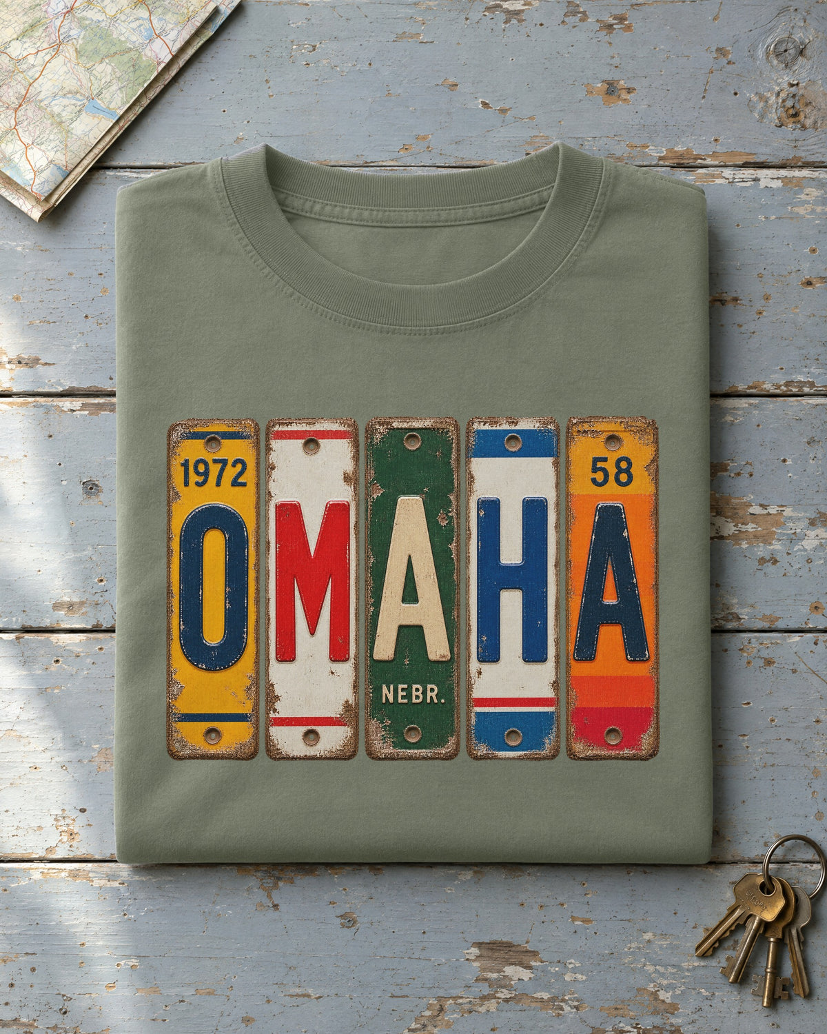 Omaha, Nebraska vintage license plate t-shirt in Moss